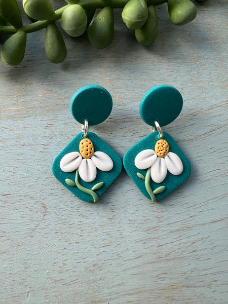 TEAL DAISY Clay Earrings