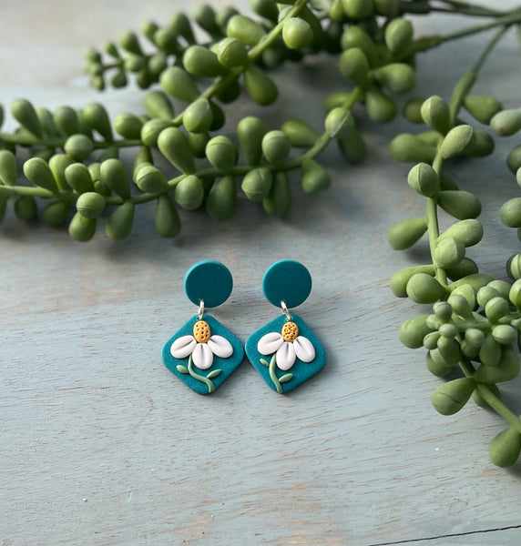 TEAL DAISY Clay Earrings